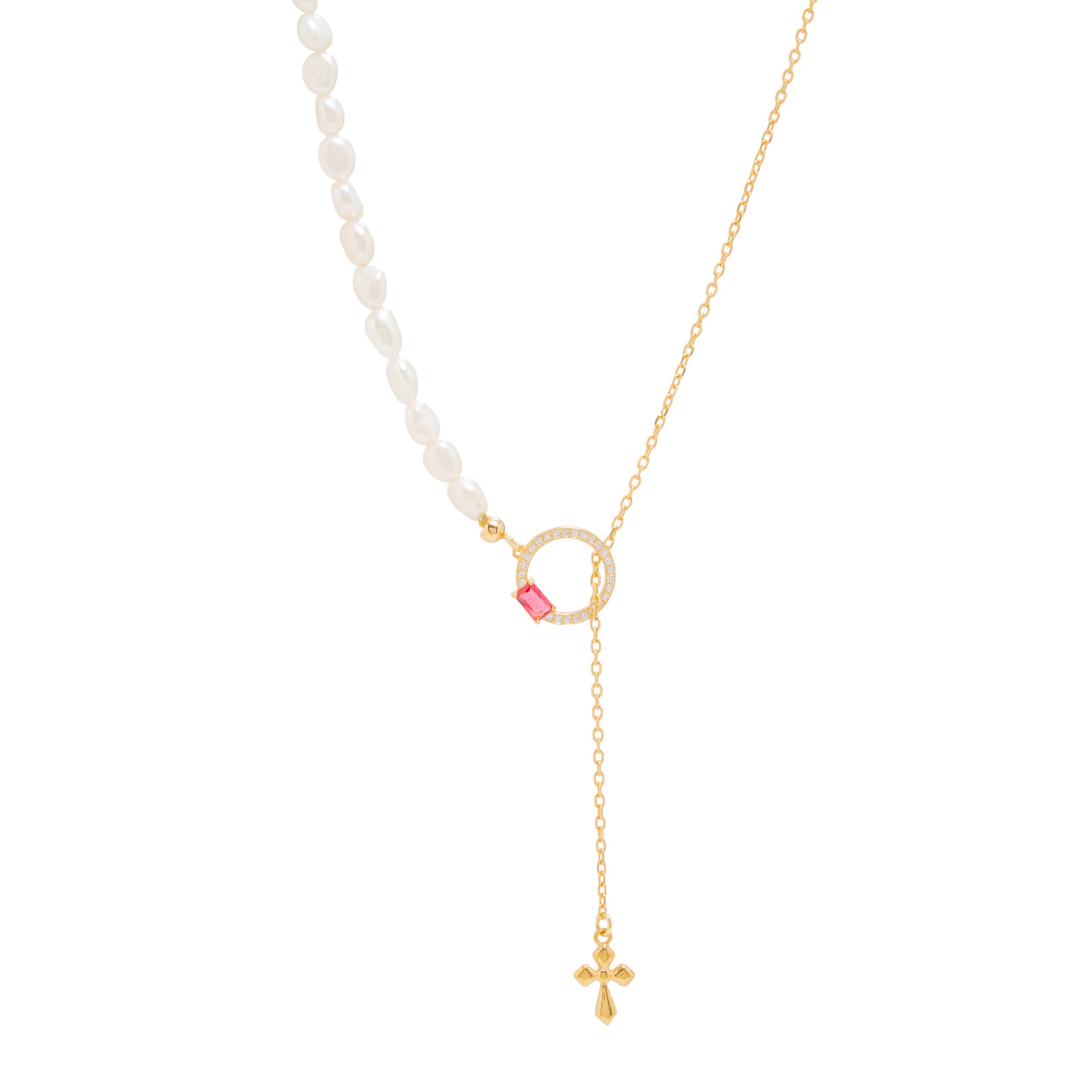 Κολιέ επιχρυσωμένο με πέρλες και ζιργκόν, με σταυρό (code BEN391/CZR)